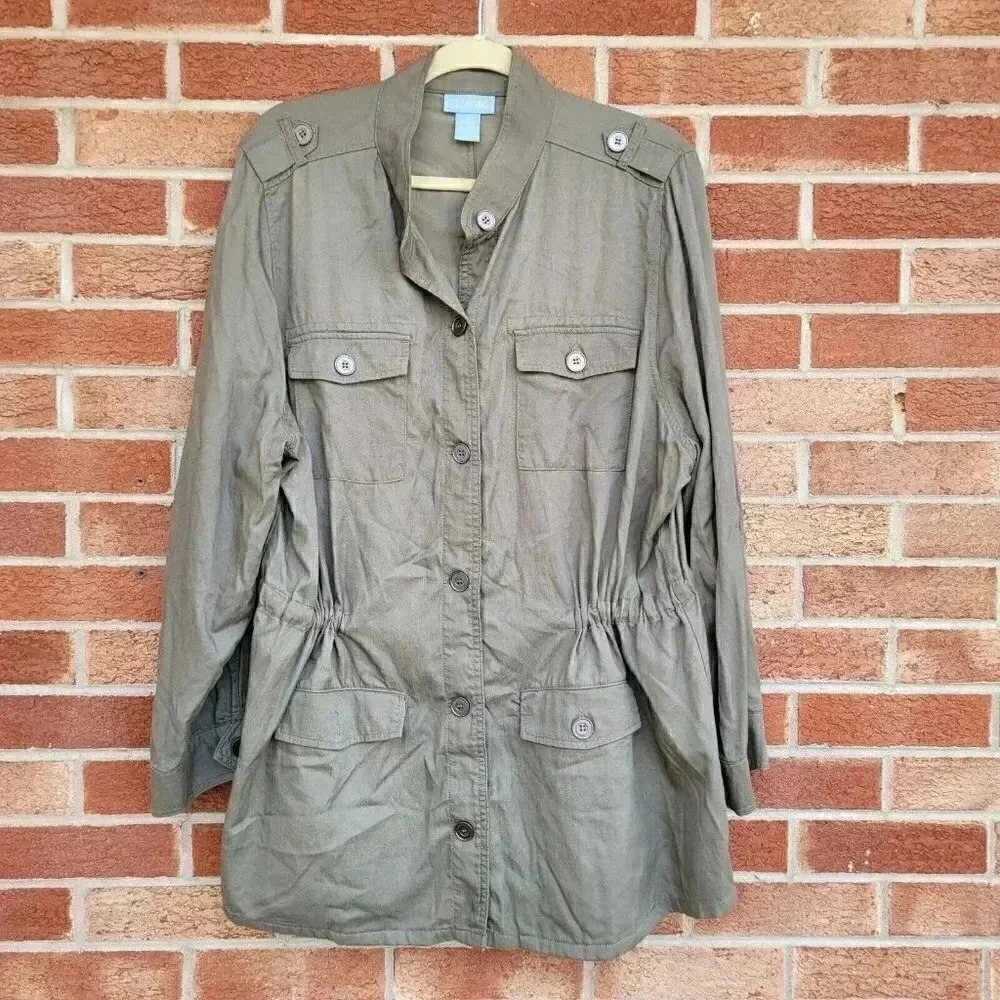 Liz & Me Jacket Women's Size 1x Green Military Tunic Chambray Shacket